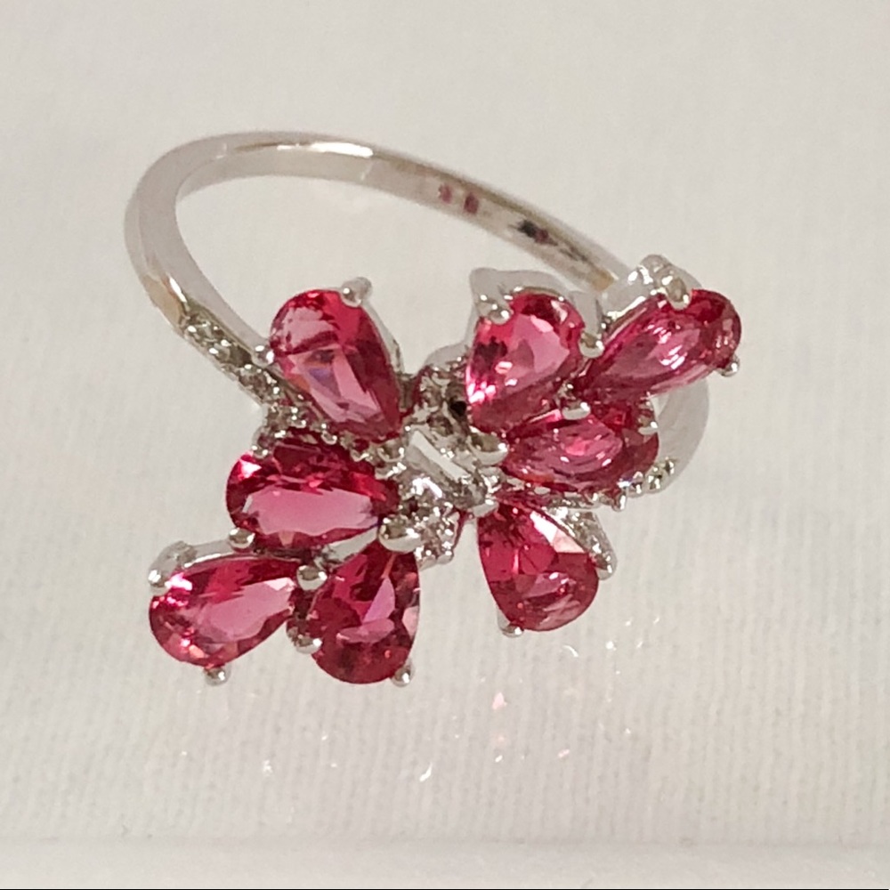 Silver Ruby (Simulated) Cluster Ring